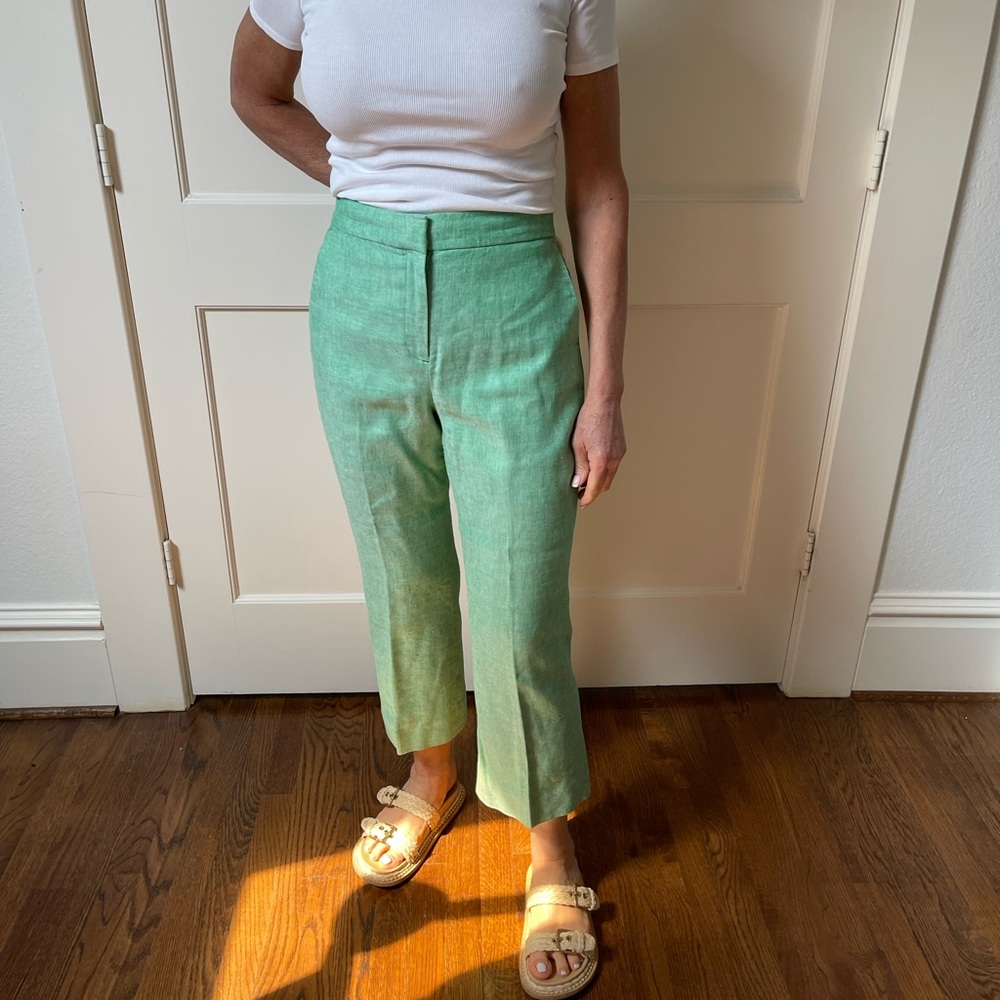 J Crew Size 10 Hayden Stretch linen kick out crop pant in Green, lined